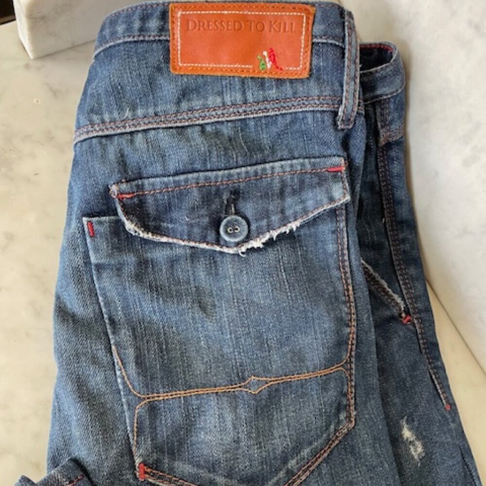 DRESSED TO KILL Vintage Distressed Flap Pocket Blue Jeans Red Stitching 27